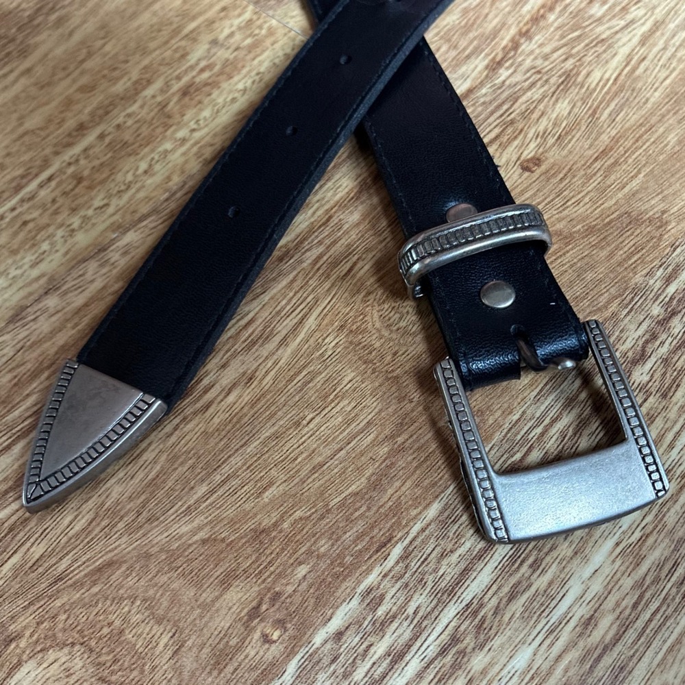 Vintage Western Belt Black Silver Buckle Tip Cowboy Boho Etched Metal Statement